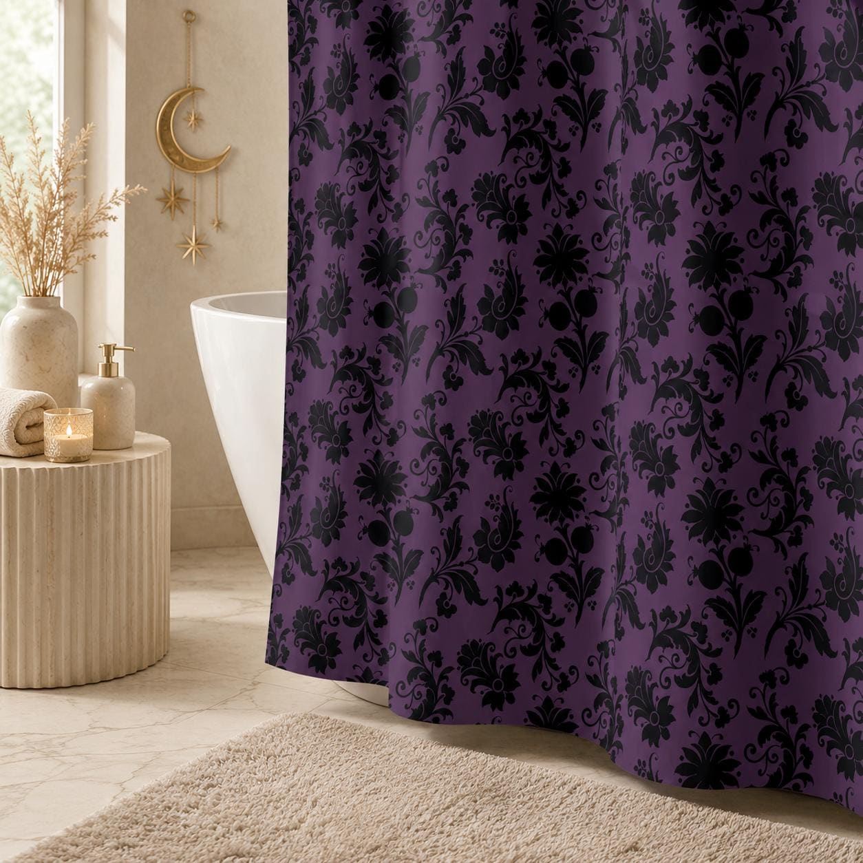 Purple Damask Shower Curtain, Gothic Baroque Bath Decor, Victorian Floral Style