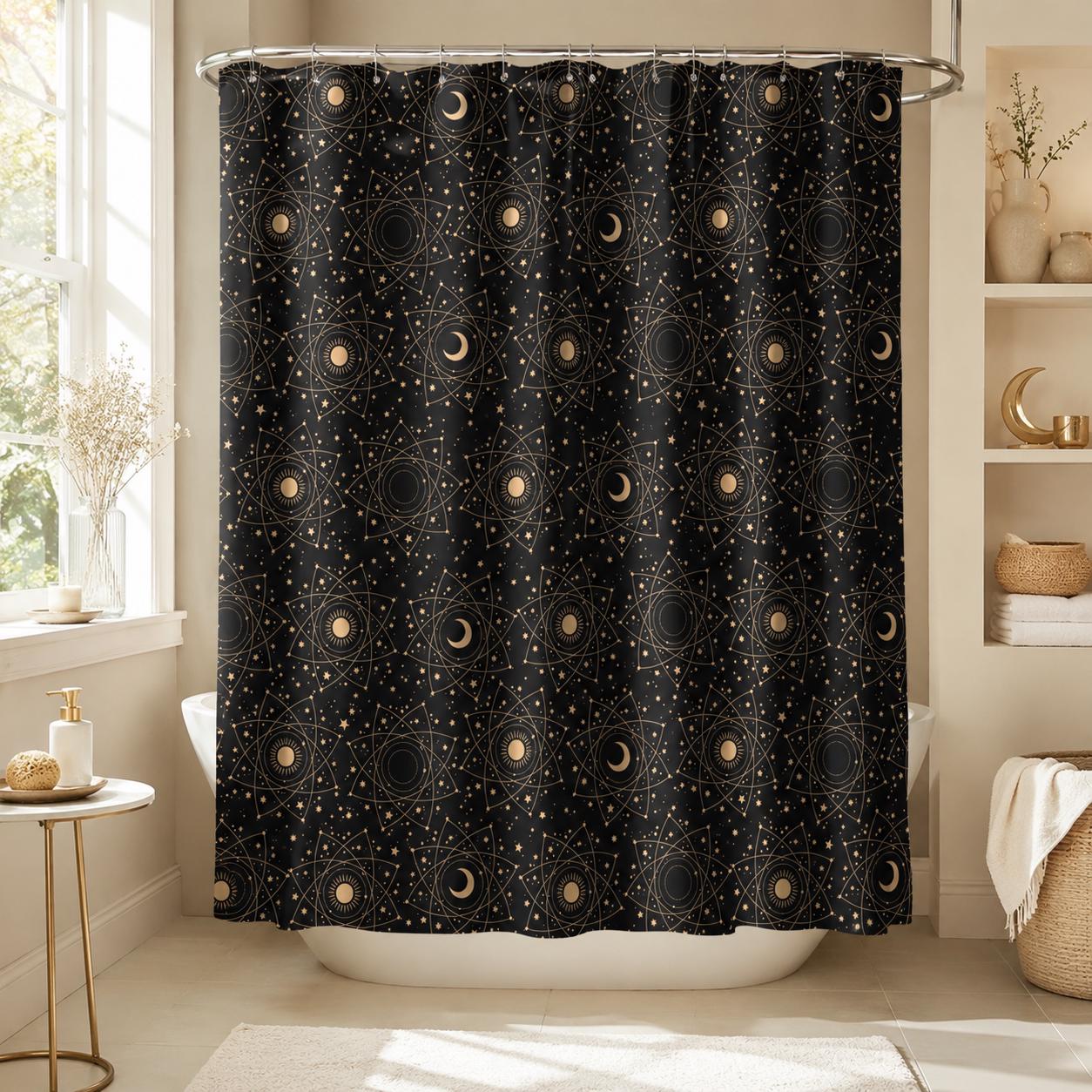 Black Celestial Moon Phase Shower Curtain, Astrology Sun Star Bath Decor