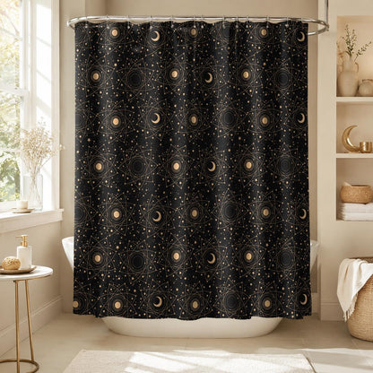 Black Celestial Moon Phase Shower Curtain, Astrology Sun Star Bath Decor
