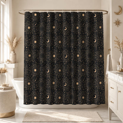 Black Celestial Moon Phase Shower Curtain, Astrology Sun Star Bath Decor
