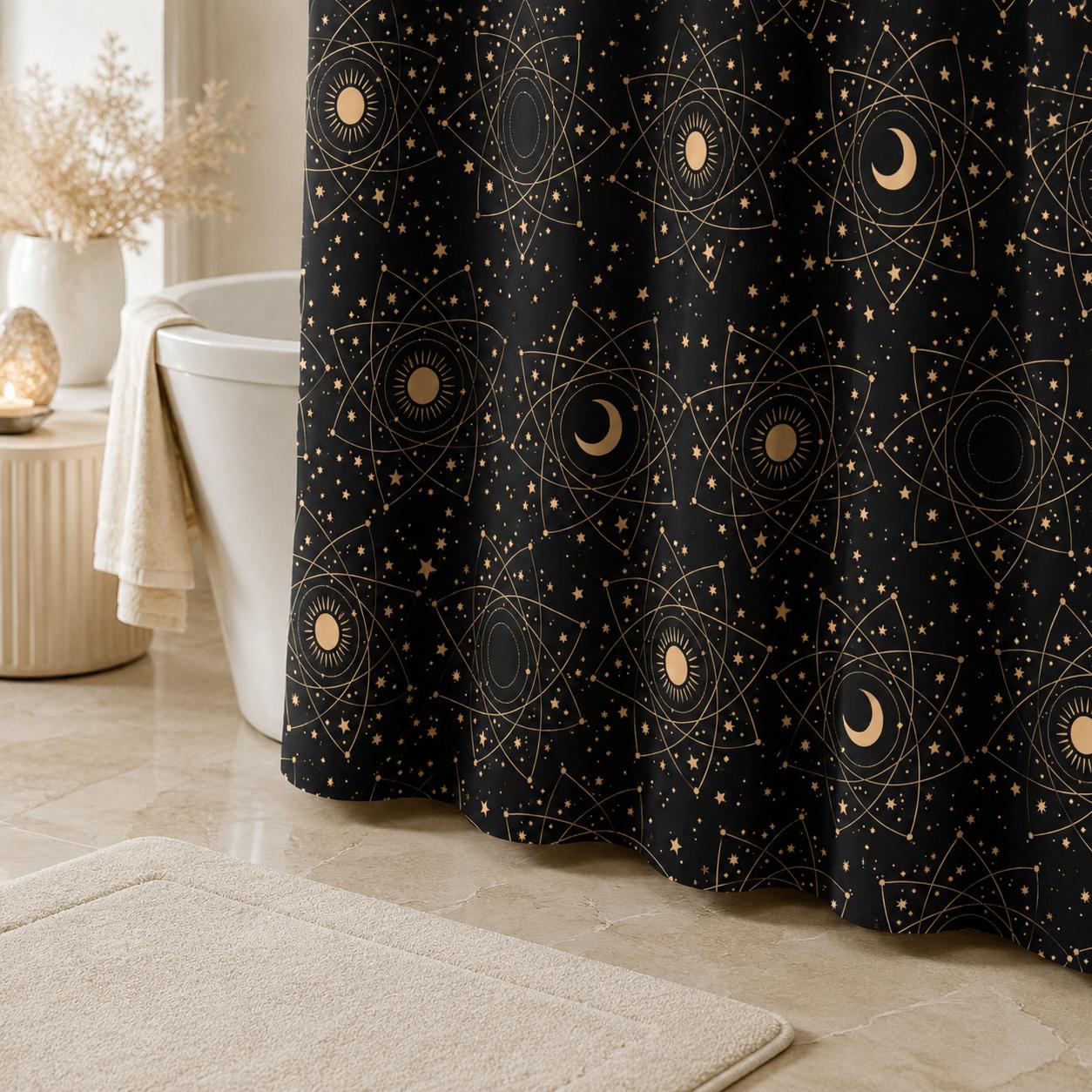 Black Celestial Moon Phase Shower Curtain, Astrology Sun Star Bath Decor