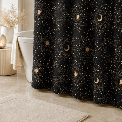 Black Celestial Moon Phase Shower Curtain, Astrology Sun Star Bath Decor