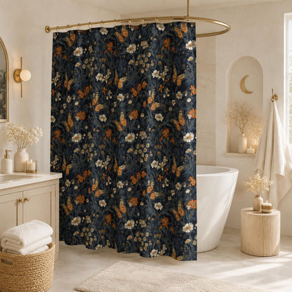 Monarch Butterfly Floral Shower Curtain, Dark Cottagecore Botanical Bath Decor