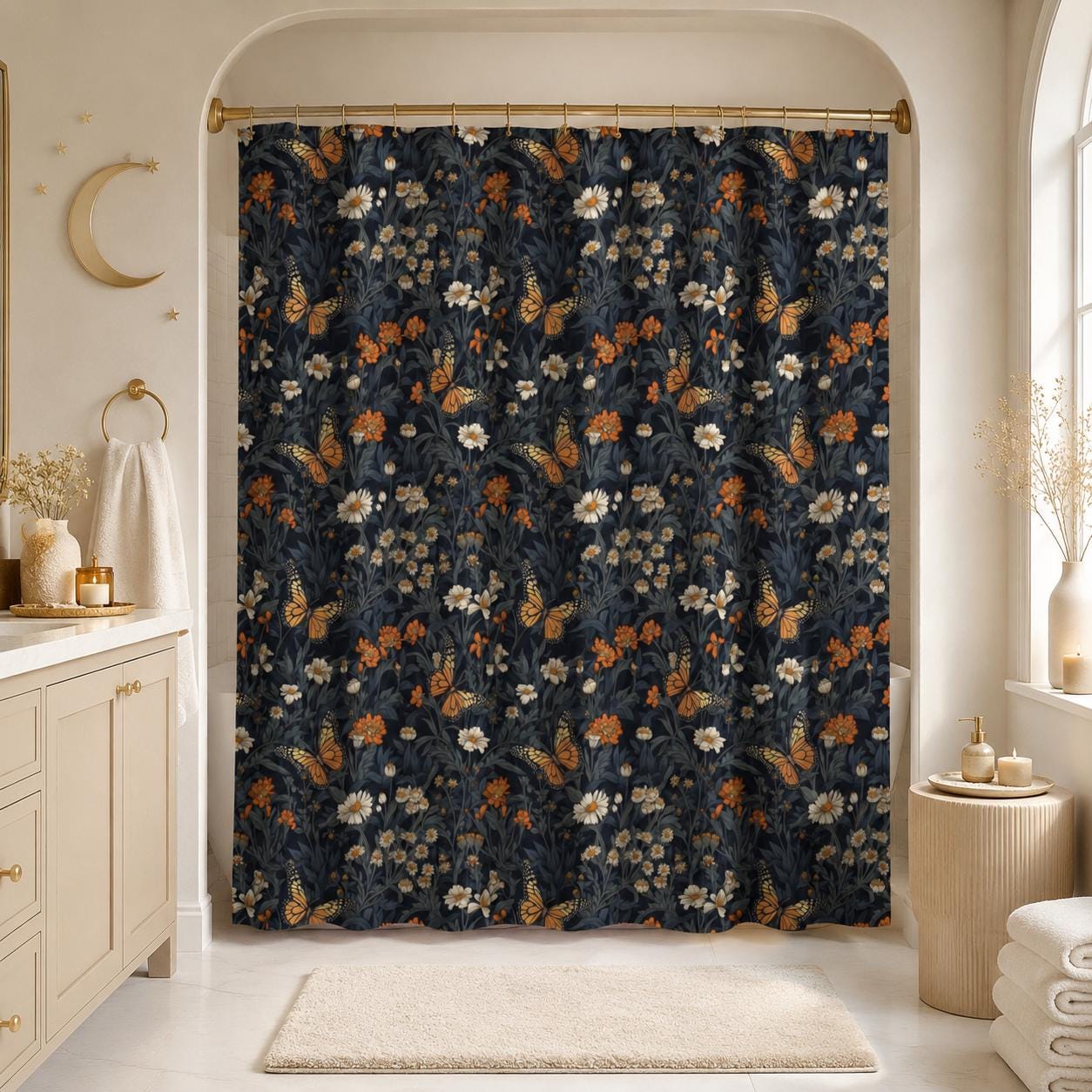 Monarch Butterfly Floral Shower Curtain, Dark Cottagecore Botanical Bath Decor