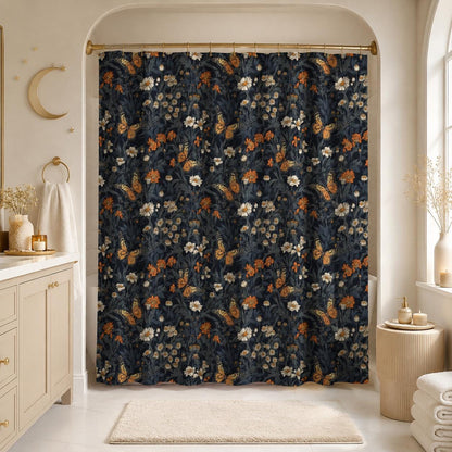 Monarch Butterfly Floral Shower Curtain, Dark Cottagecore Botanical Bath Decor