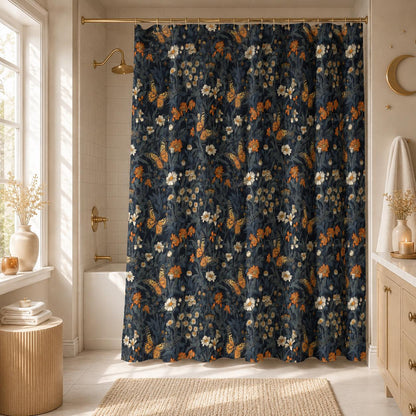 Monarch Butterfly Floral Shower Curtain, Dark Cottagecore Botanical Bath Decor