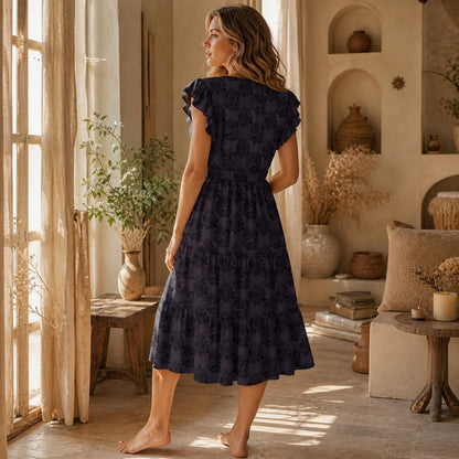 Dark Floral Midi Dress, Navy Black Flutter Sleeve Dress, Romantic Boho Wedding Guest Dress, Modest A Line Summer Dress