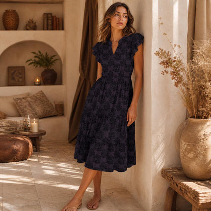 Dark Floral Midi Dress, Navy Black Flutter Sleeve Dress, Romantic Boho Wedding Guest Dress, Modest A Line Summer Dress