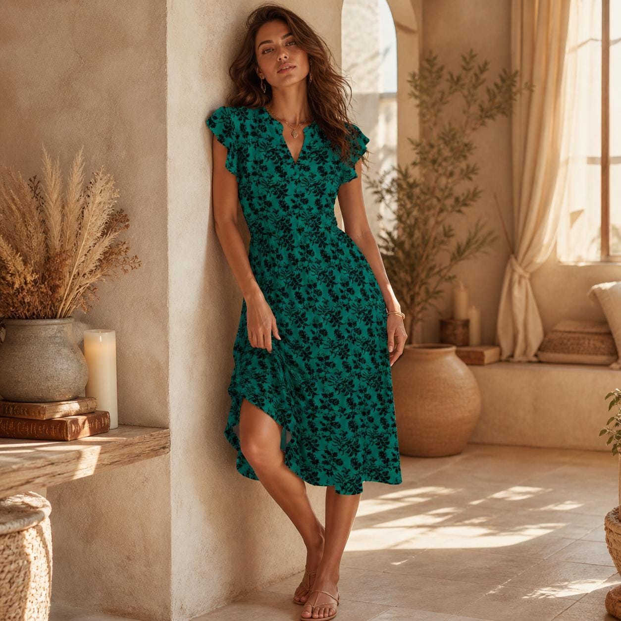 Teal floral sundress, flutter sleeve summer dress with black flower print, vacation midi dress for colorful cottagecore women