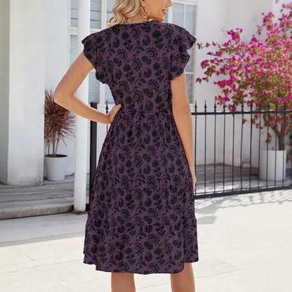 Purple Gothic Floral Midi Dress, Black Damask Flutter Sleeve Sundress