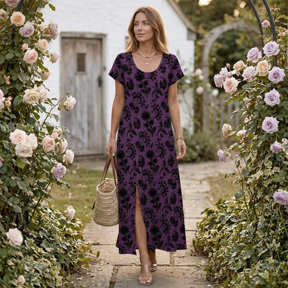 Purple Floral Maxi Dress, Gothic Cottagecore Dress, Garden Party Slit Dress