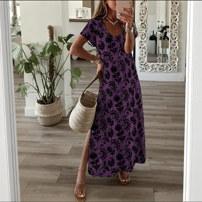 Purple Floral Maxi Dress, Gothic Cottagecore Dress, Garden Party Slit Dress