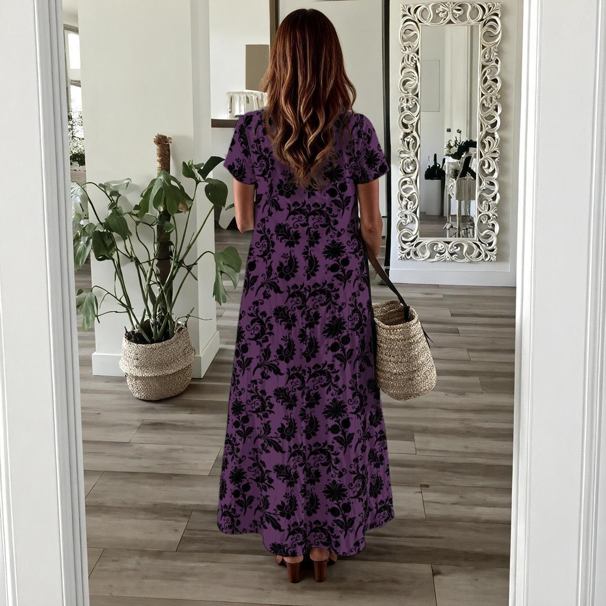 Purple Floral Maxi Dress, Gothic Cottagecore Dress, Garden Party Slit Dress