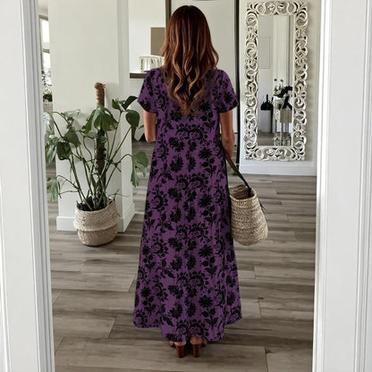 Purple Floral Maxi Dress, Gothic Cottagecore Dress, Garden Party Slit Dress