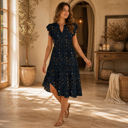 Navy Celestial Midi Dress, Sun Moon Print, Tiered Skirt, Flutter Sleeves, Boho Stargazer Style