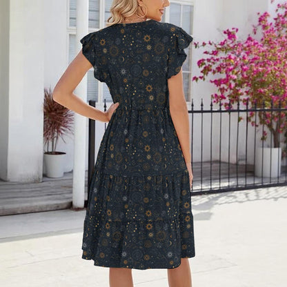 Navy Celestial Midi Dress, Sun Moon Print, Tiered Skirt, Flutter Sleeves, Boho Stargazer Style