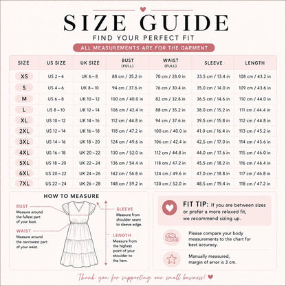 The image is a size guide for women, providing measurements and fit tips for different sizes and styles of dresses.