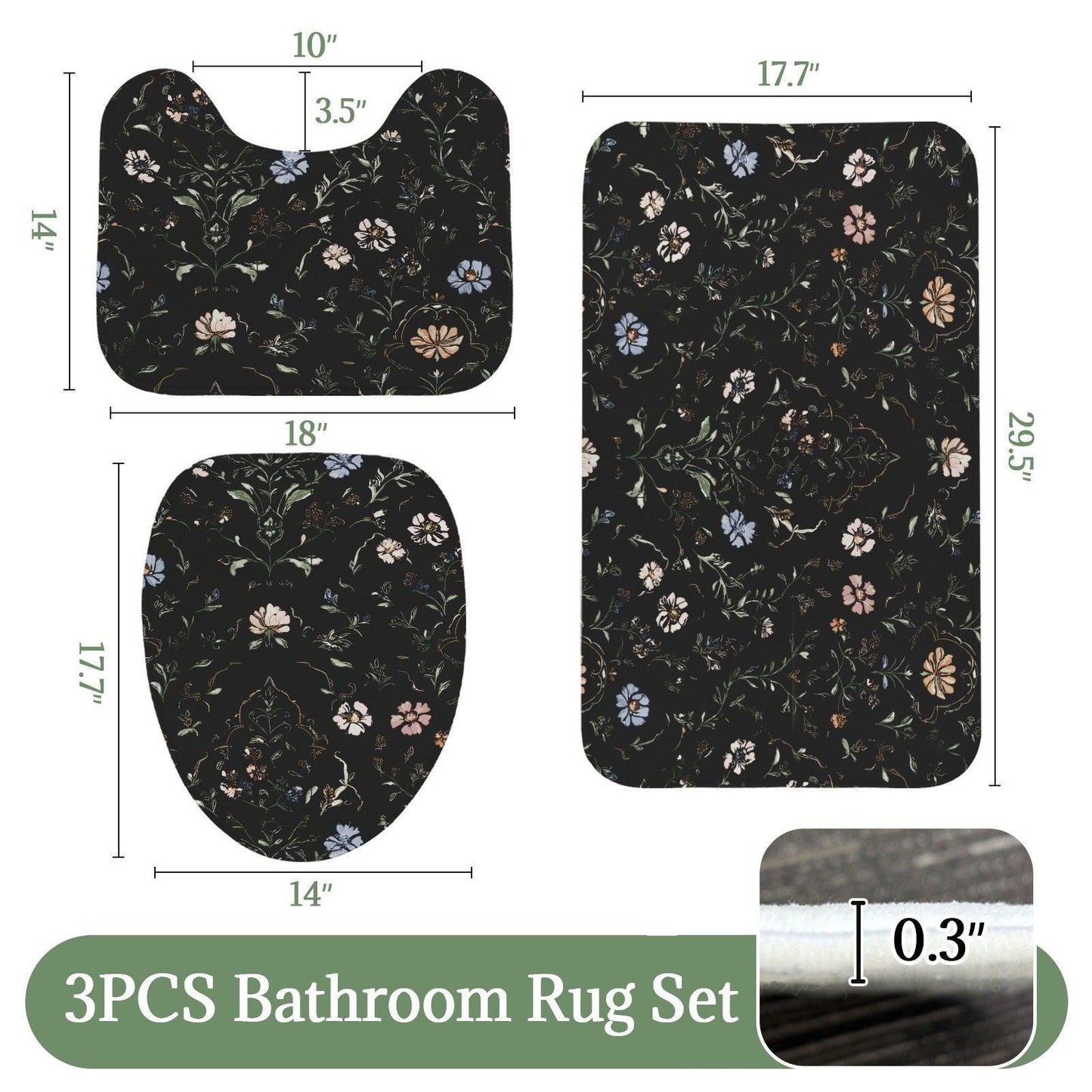 Dark Academia Floral Bathroom Rug Set, Vintage Botanical Bath Mats, Cottagecore Toilet Decor