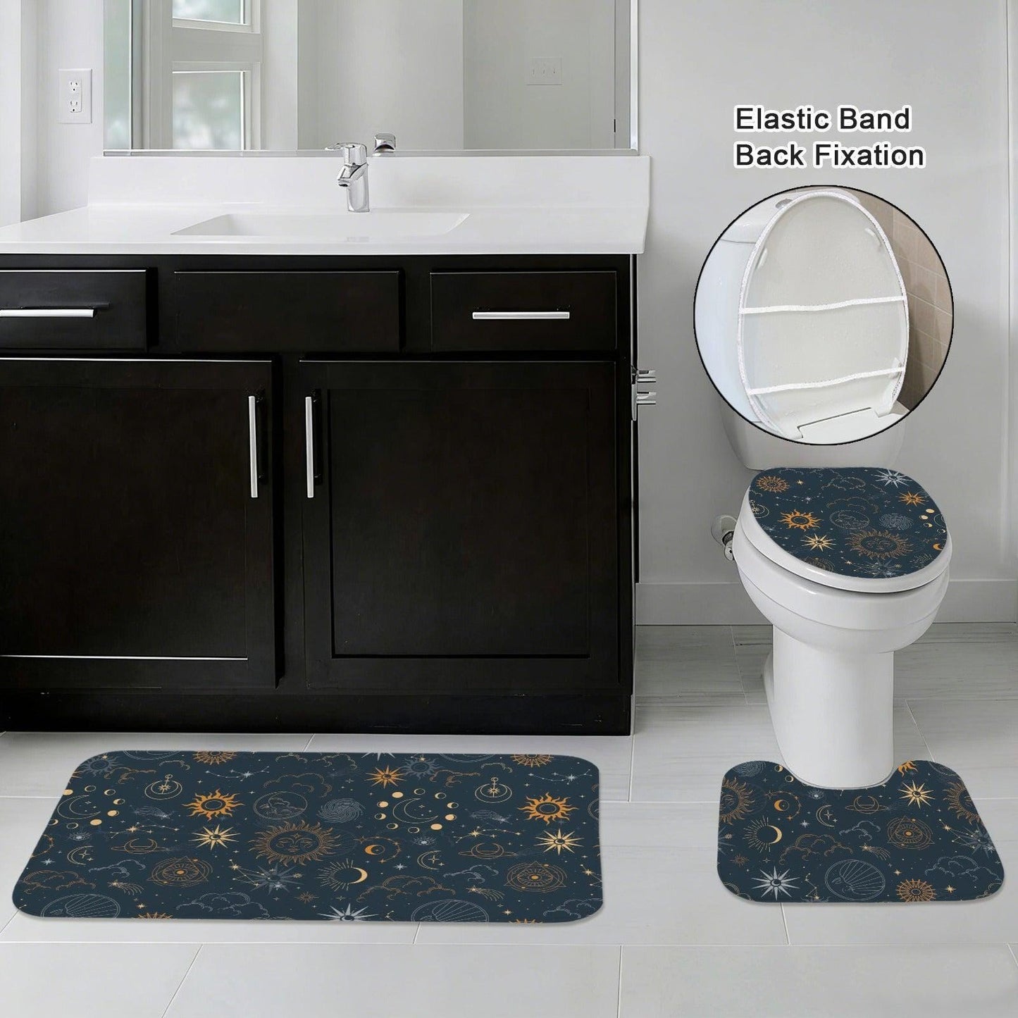 Sun Moon Bathroom Rug Set, Navy Gold Celestial Astrology Bath Mat Trio