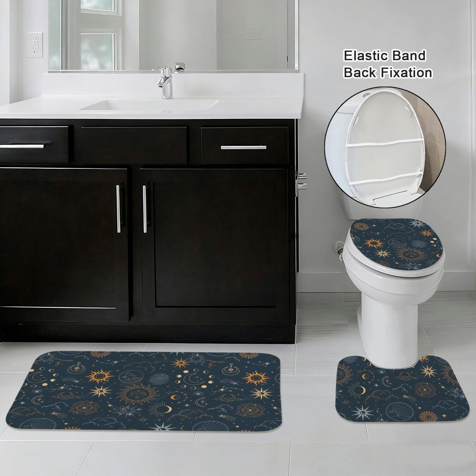 Sun Moon Bathroom Rug Set, Navy Gold Celestial Astrology Bath Mat Trio