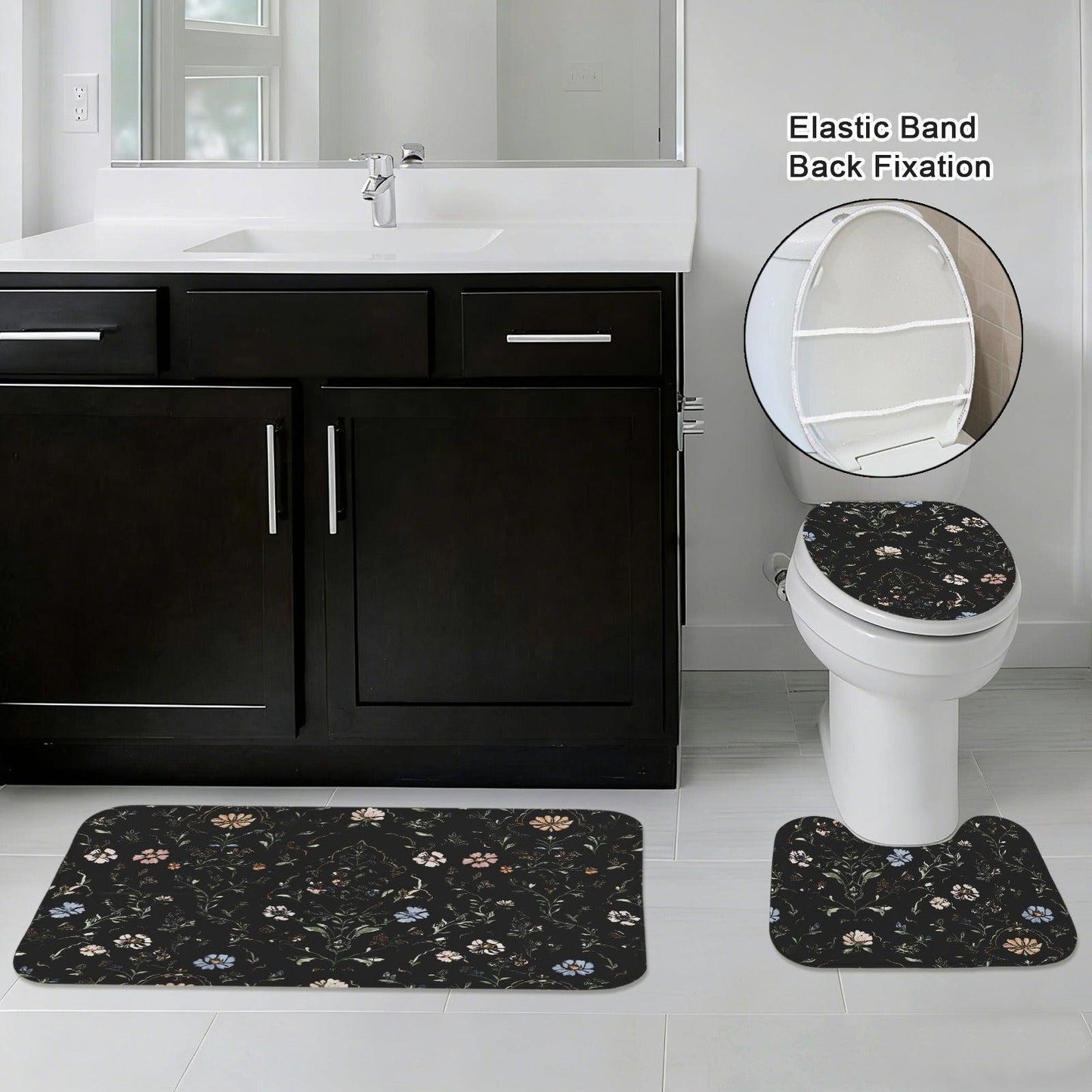 Dark Academia Floral Bathroom Rug Set, Vintage Botanical Bath Mats, Cottagecore Toilet Decor