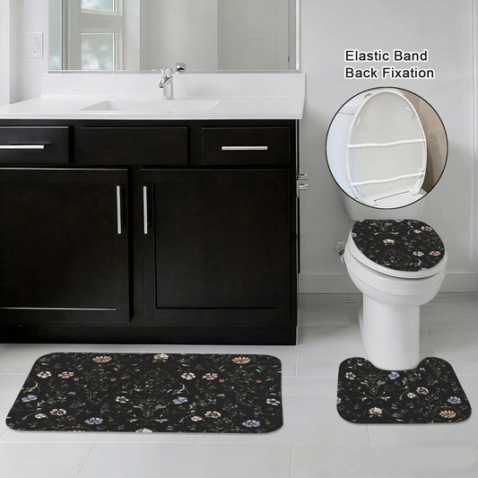 Dark Academia Floral Bathroom Rug Set, Vintage Botanical Bath Mats, Cottagecore Toilet Decor