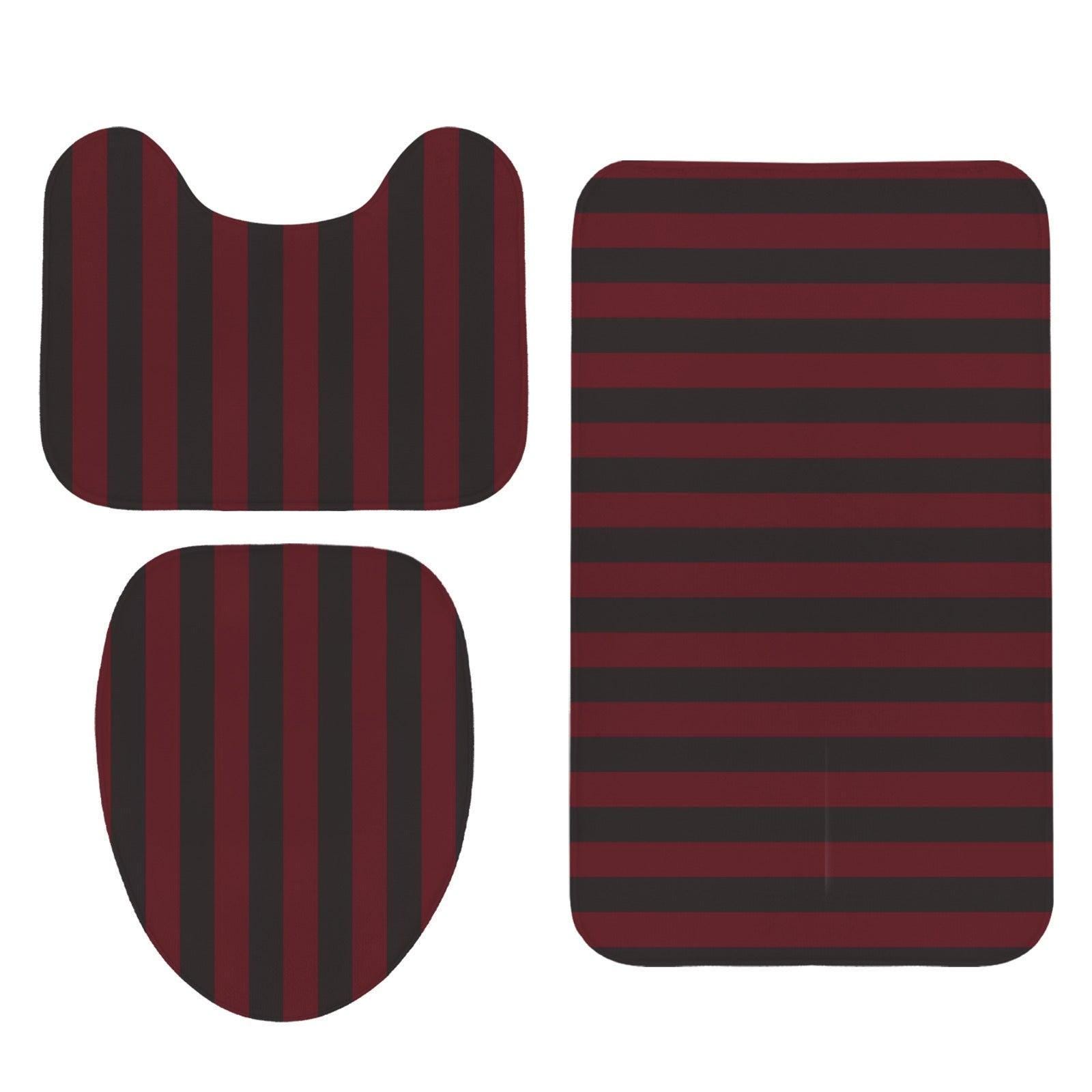 Red Black Striped Bathroom Rug Set, Gothic Bath Mat Trio, Punk Style Toilet Rug
