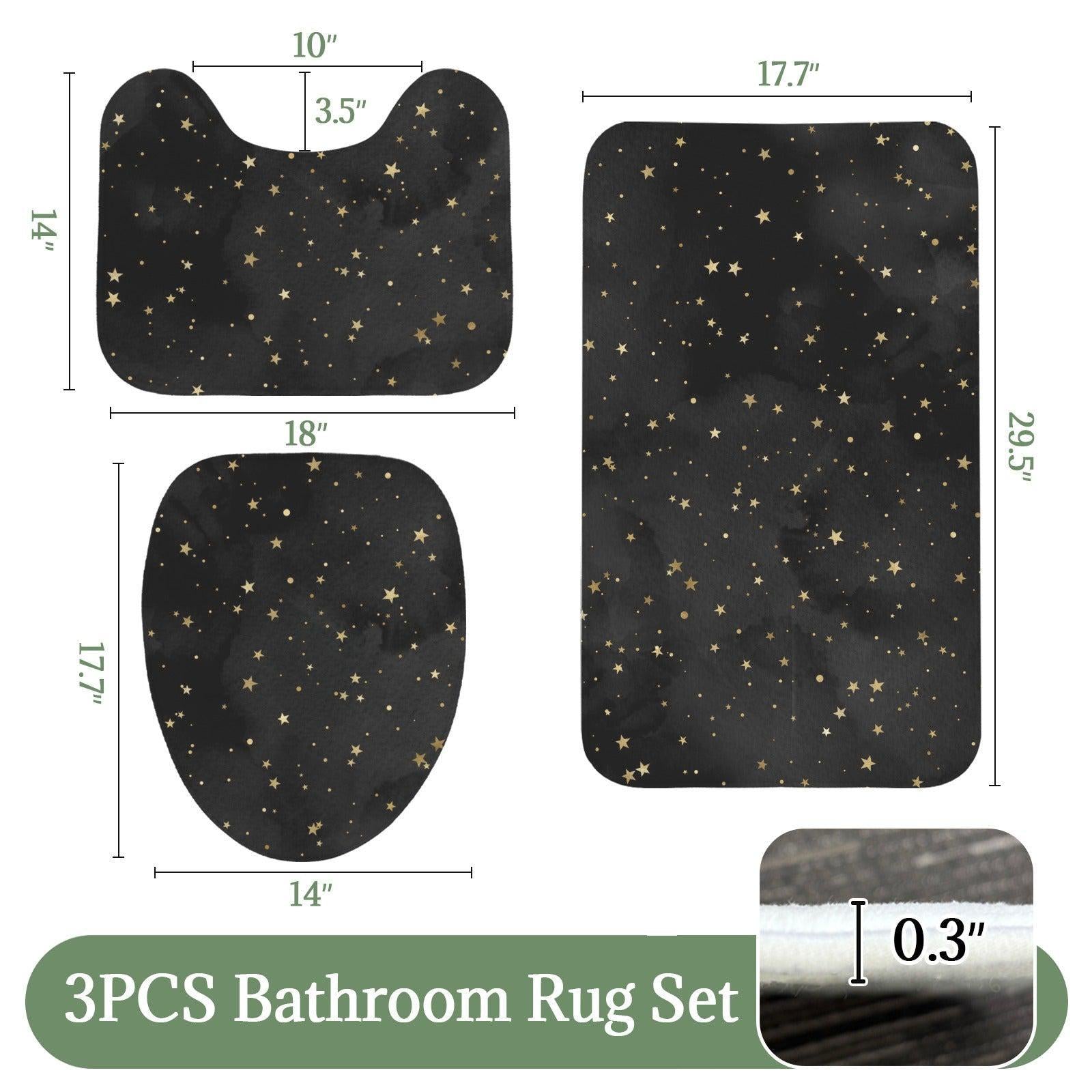 Celestial Bath Mat Set, Black Gold Star Toilet Cover Rug, Cosmic Bathroom Decor