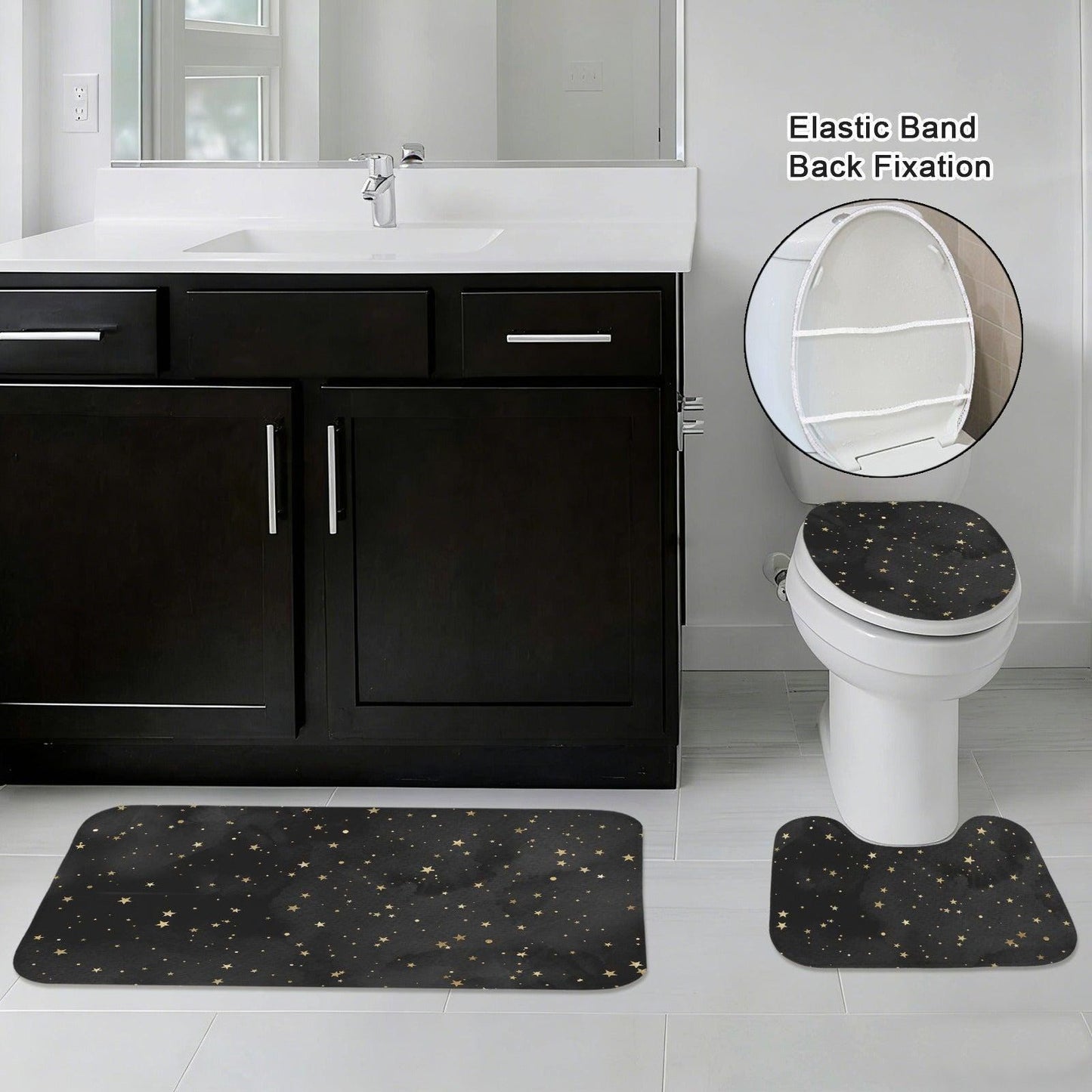 Celestial Bath Mat Set, Black Gold Star Toilet Cover Rug, Cosmic Bathroom Decor