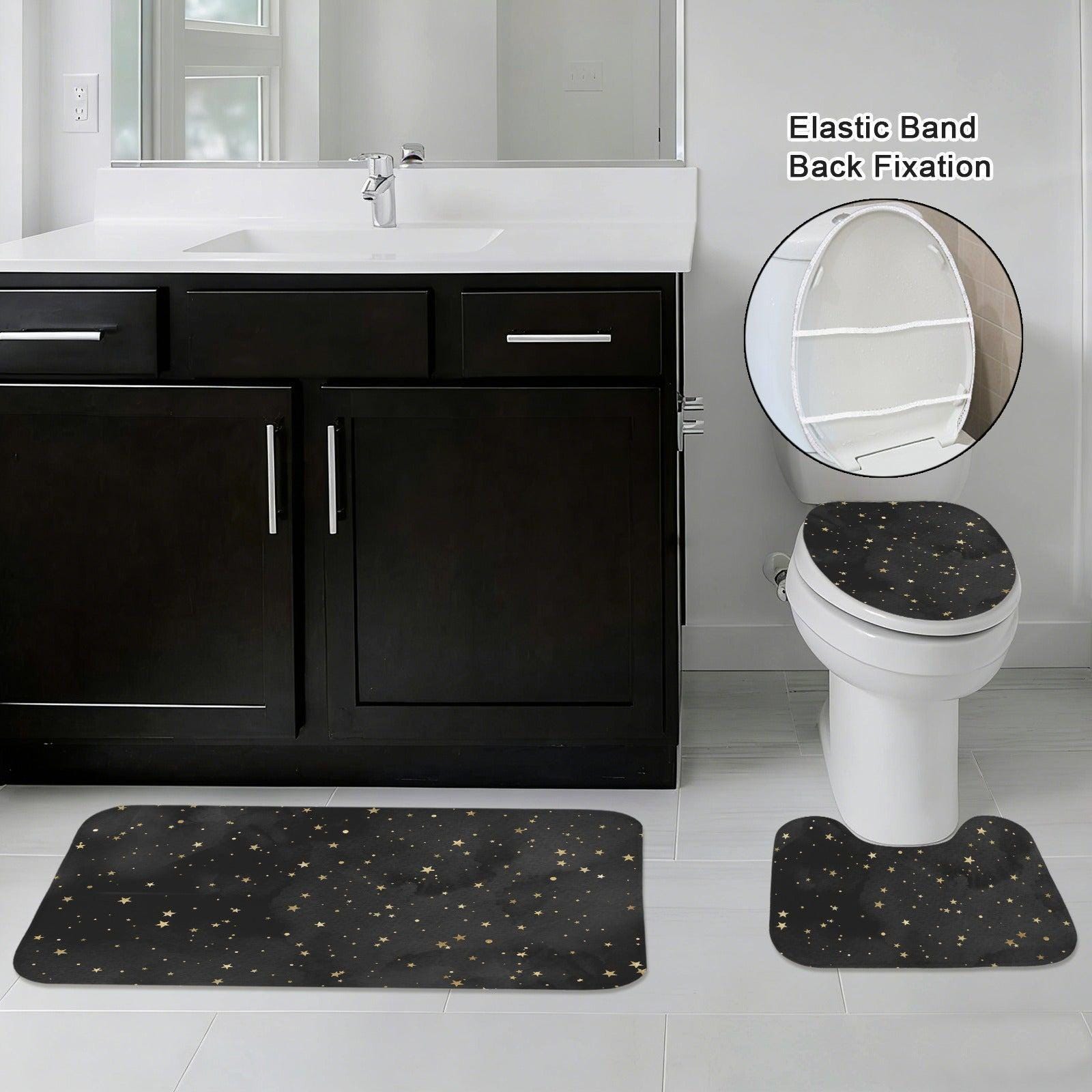 Celestial Bath Mat Set, Black Gold Star Toilet Cover Rug, Cosmic Bathroom Decor