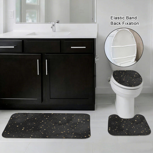 Celestial Bath Mat Set, Black Gold Star Toilet Cover Rug, Cosmic Bathroom Decor