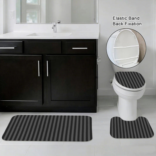 Black Gray Striped Bath Mat Set, Toilet Lid Cover, Contour Rug, Monochrome Decor