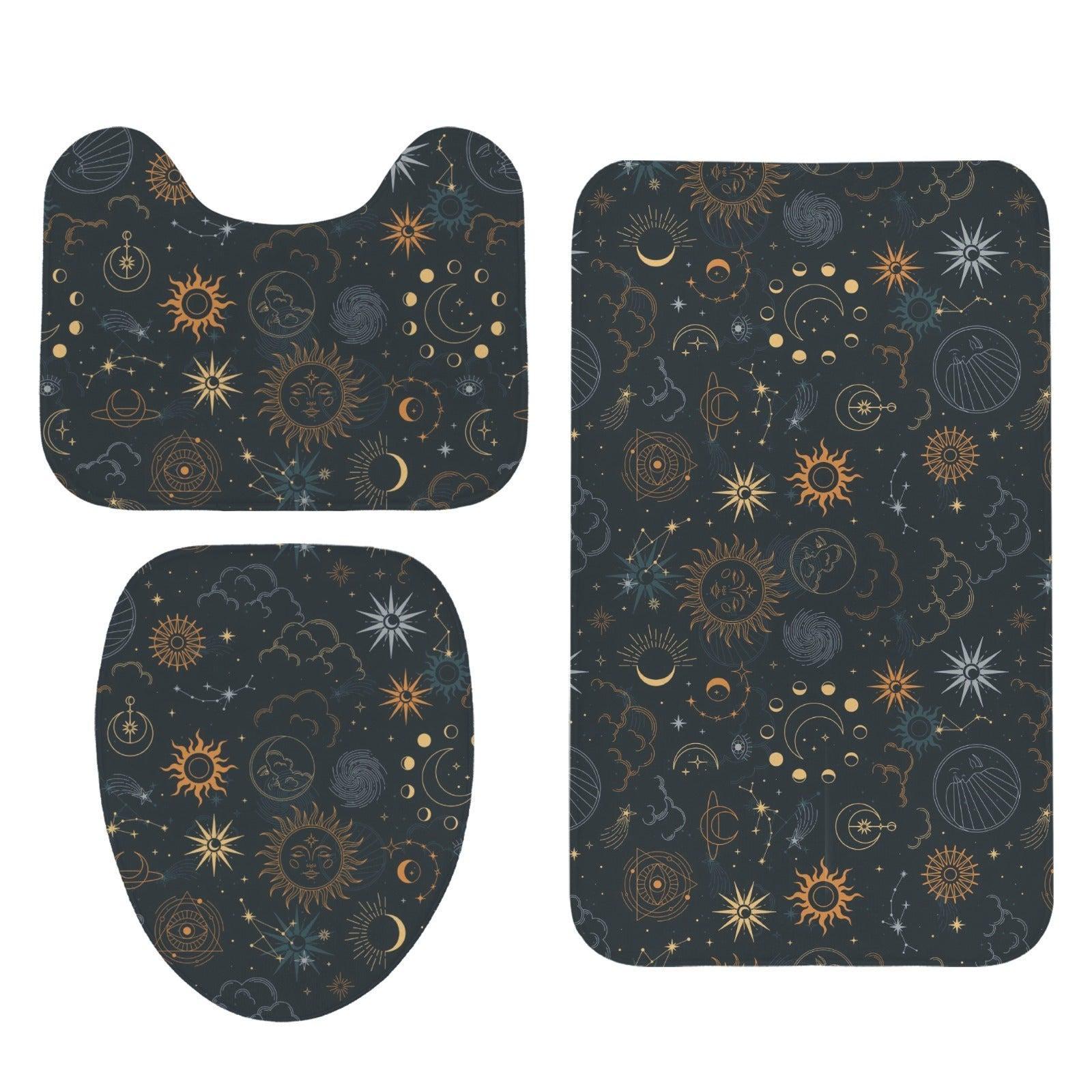 Celestial Bathroom Rug Set, Sun Moon Stars Contour Toilet Lid Cover, Mystic Astrology Mat