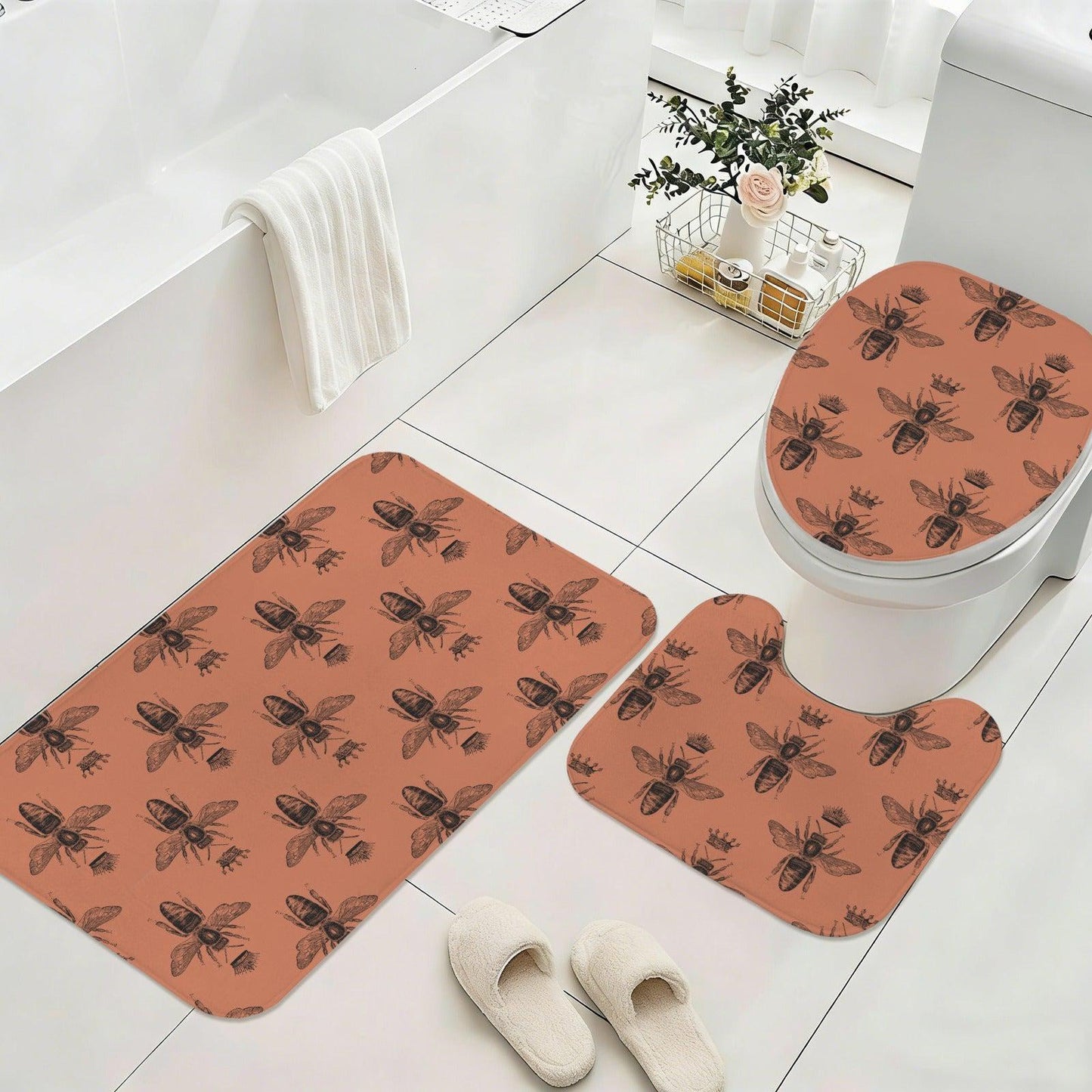 Queen Bee Terracotta Bath Mat Set, Vintage Insect Cottagecore Bathroom Rug