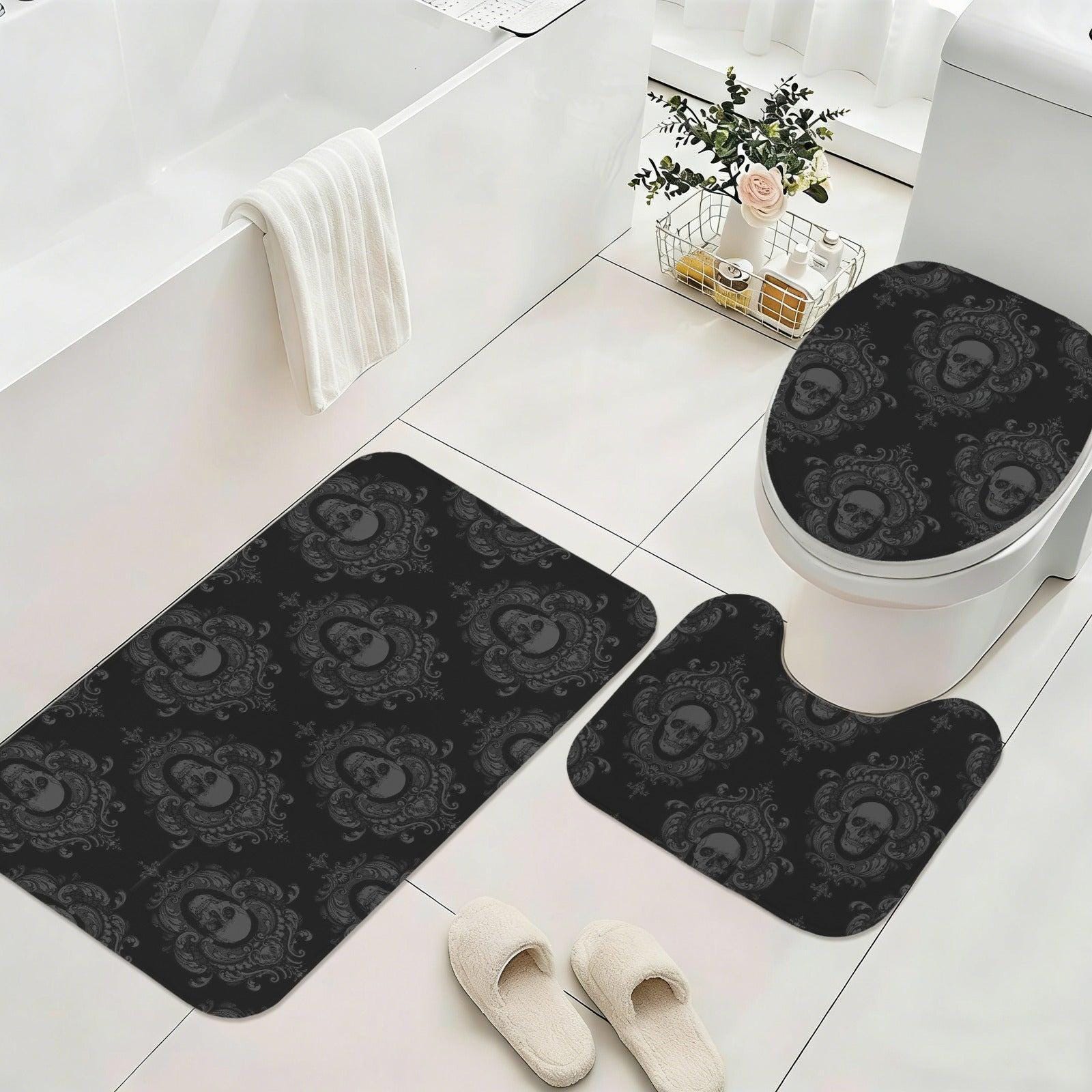 Gothic Skull Damask Bathroom Rug Set, Dark Victorian Trio Mat Decor