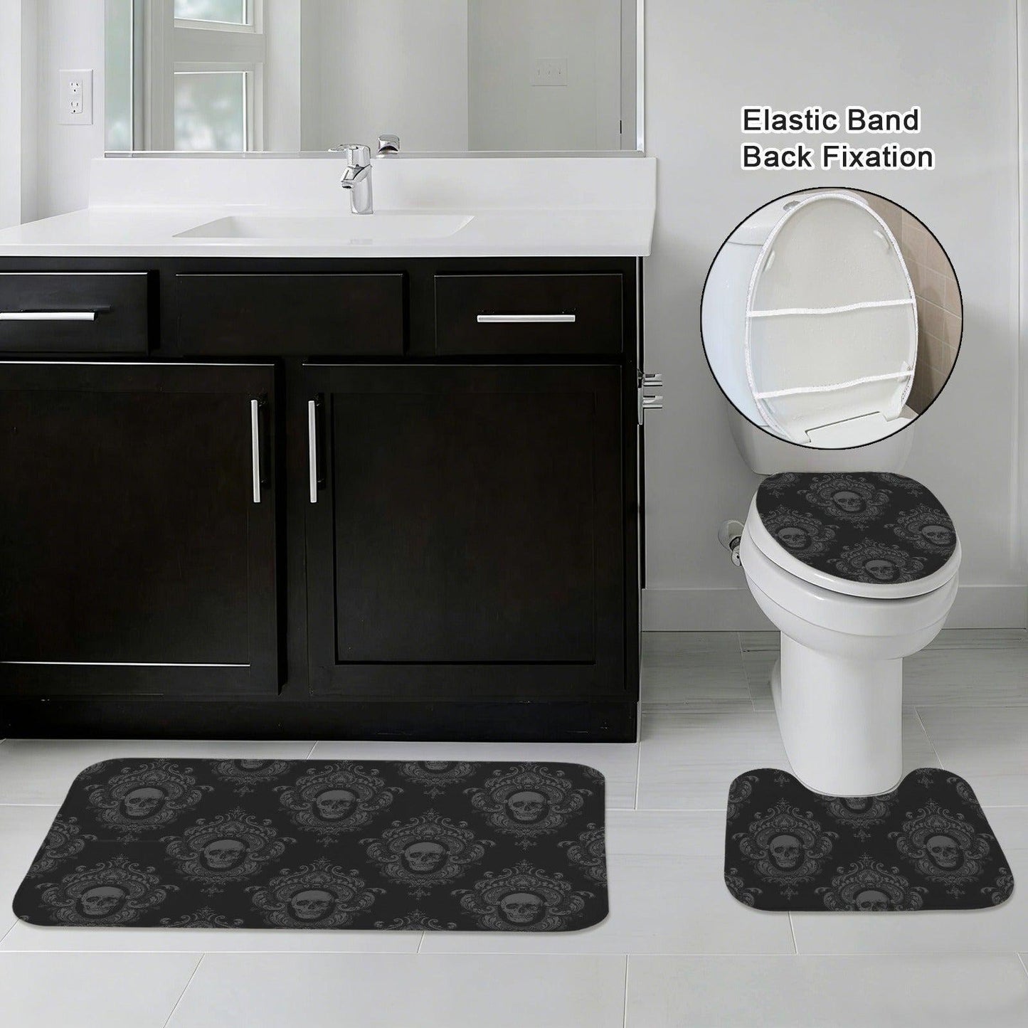 Gothic Skull Damask Bathroom Rug Set, Dark Victorian Trio Mat Decor