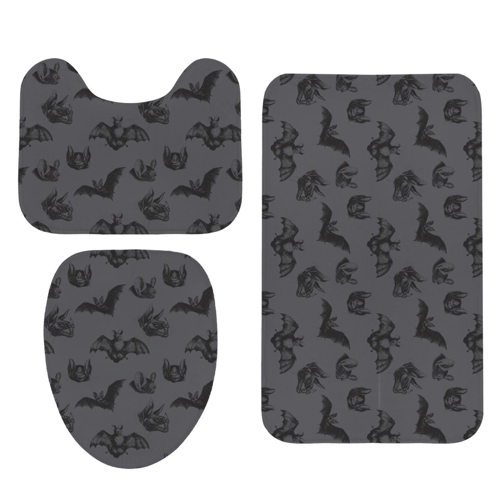 Halloween Bat Bathroom Rug Set, Charcoal Gray Spooky Toilet Trio, Gothic Bath Decor