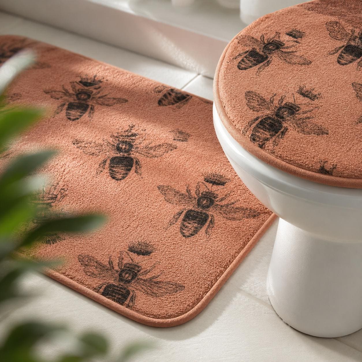 Queen Bee Terracotta Bath Mat Set, Vintage Insect Cottagecore Bathroom Rug