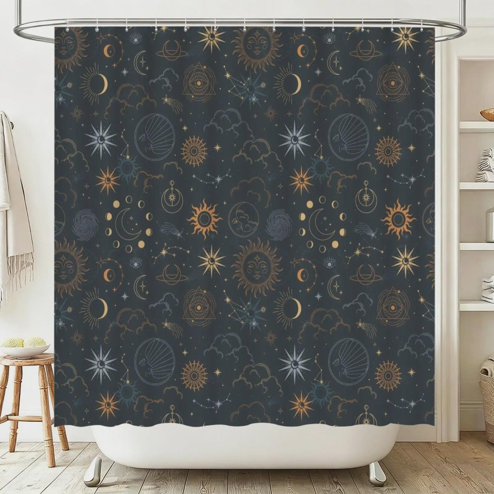 Celestial Bathroom Rug Set, Sun Moon Stars Contour Toilet Lid Cover, Mystic Astrology Mat