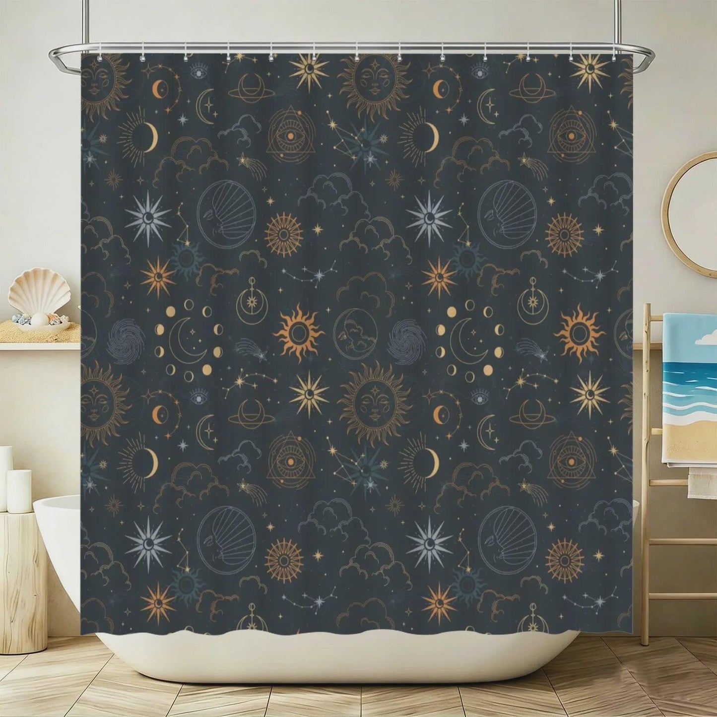 Sun Moon Bathroom Rug Set, Navy Gold Celestial Astrology Bath Mat Trio
