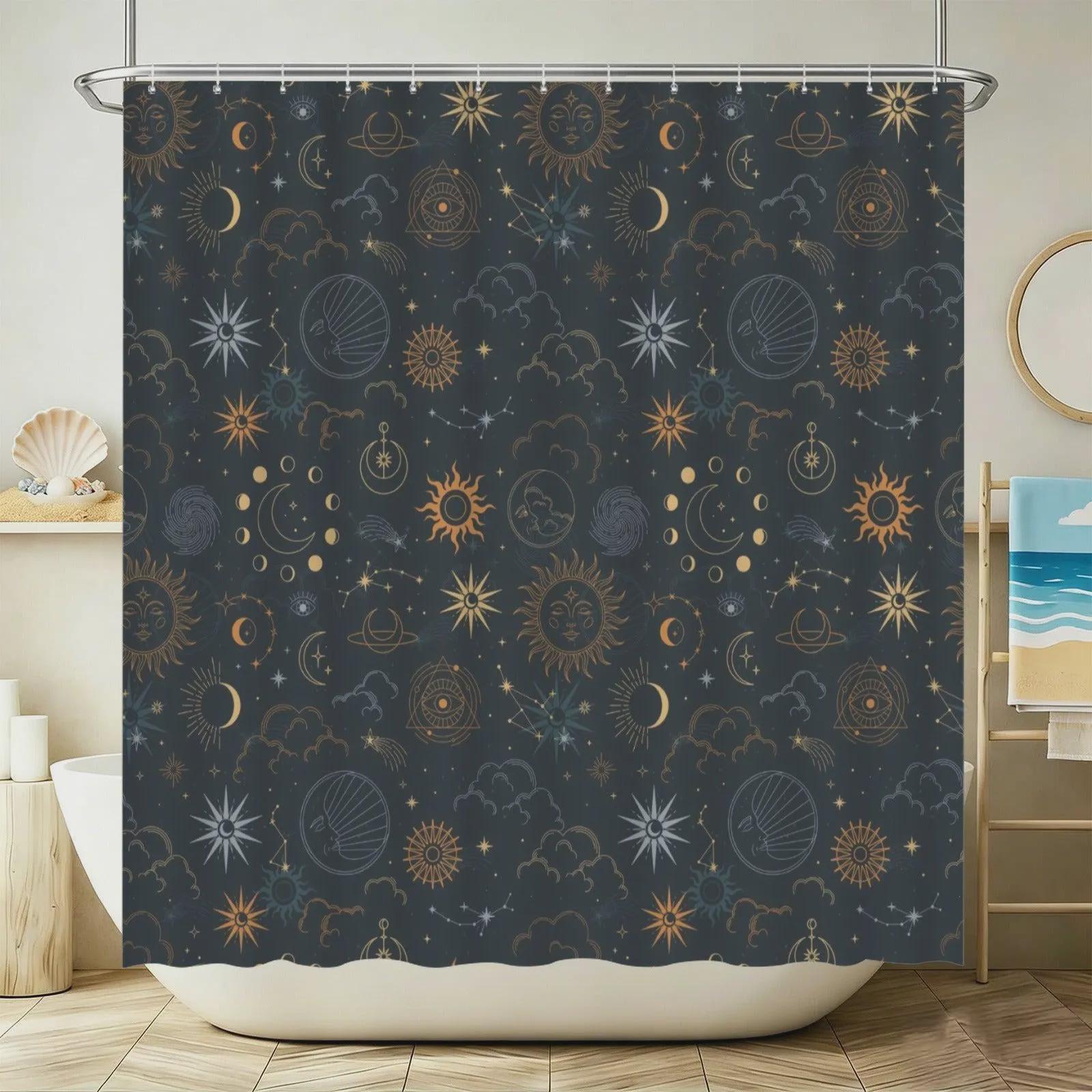 Sun Moon Bathroom Rug Set, Navy Gold Celestial Astrology Bath Mat Trio