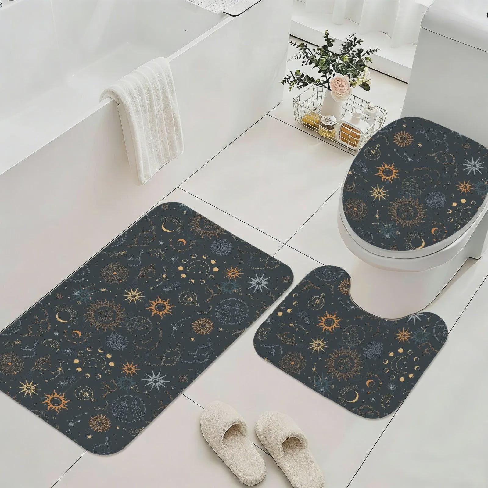 Celestial Sun Moon Shower Curtain, Navy Gold Stars Mystic Bathroom Decor