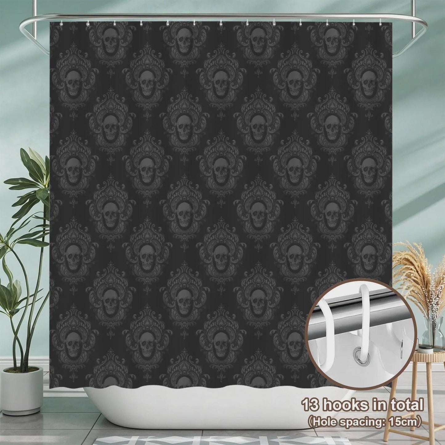 Gothic Skull Damask Bathroom Rug Set, Dark Victorian Trio Mat Decor