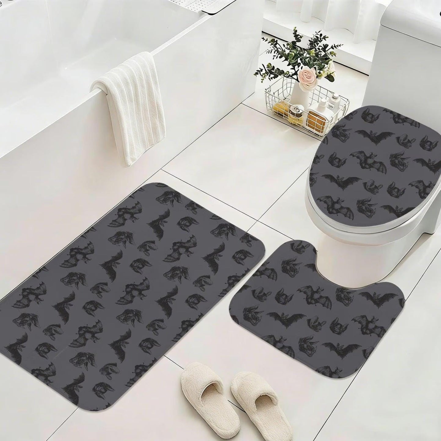 Bat Shower Curtain, Gothic Bathroom Curtain in Charcoal Gray, Dark Academia Halloween Bath Decor