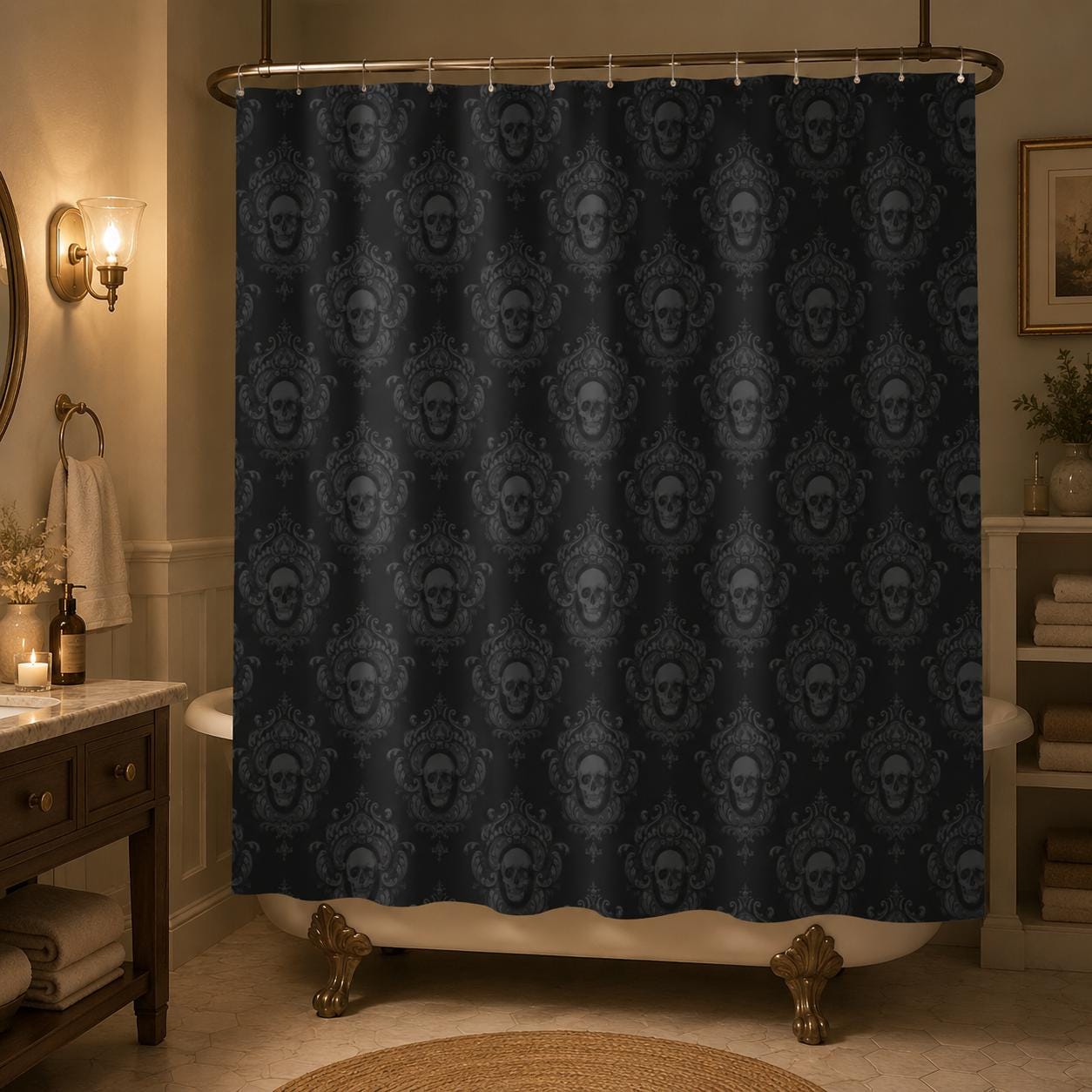 Gothic Skull Shower Curtain, Black Damask Victorian Bath Decor
