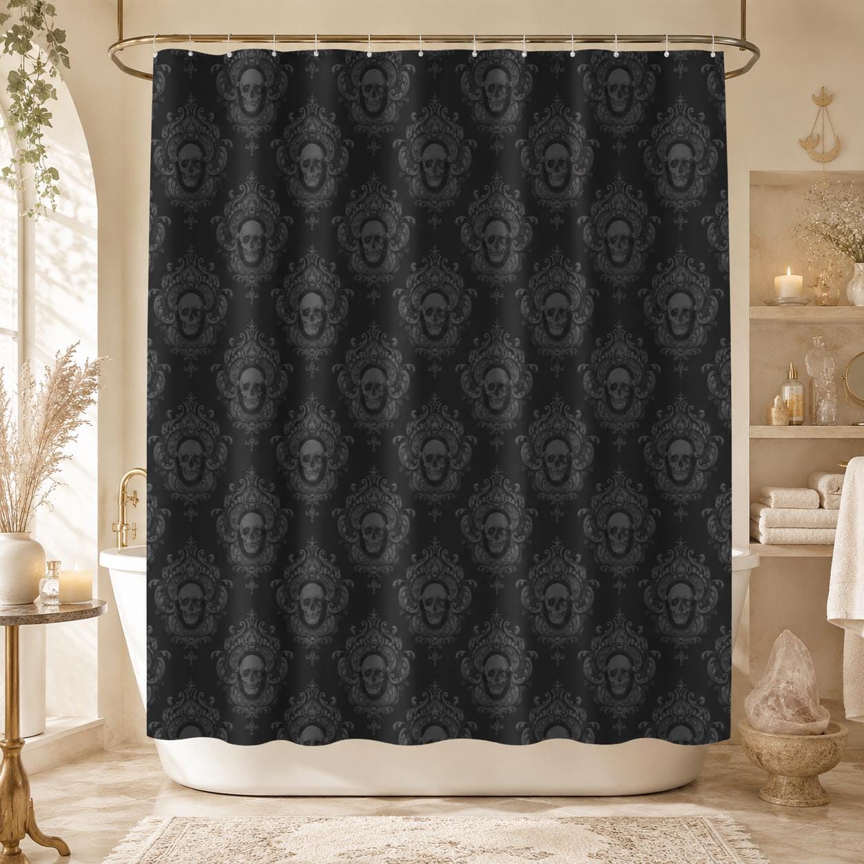 Gothic Skull Shower Curtain, Black Damask Victorian Bath Decor