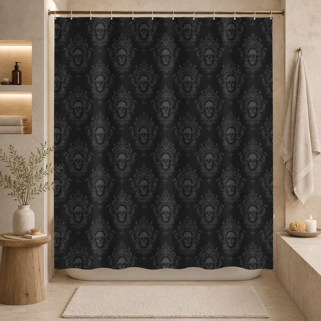 Gothic Skull Shower Curtain, Black Damask Victorian Bath Decor