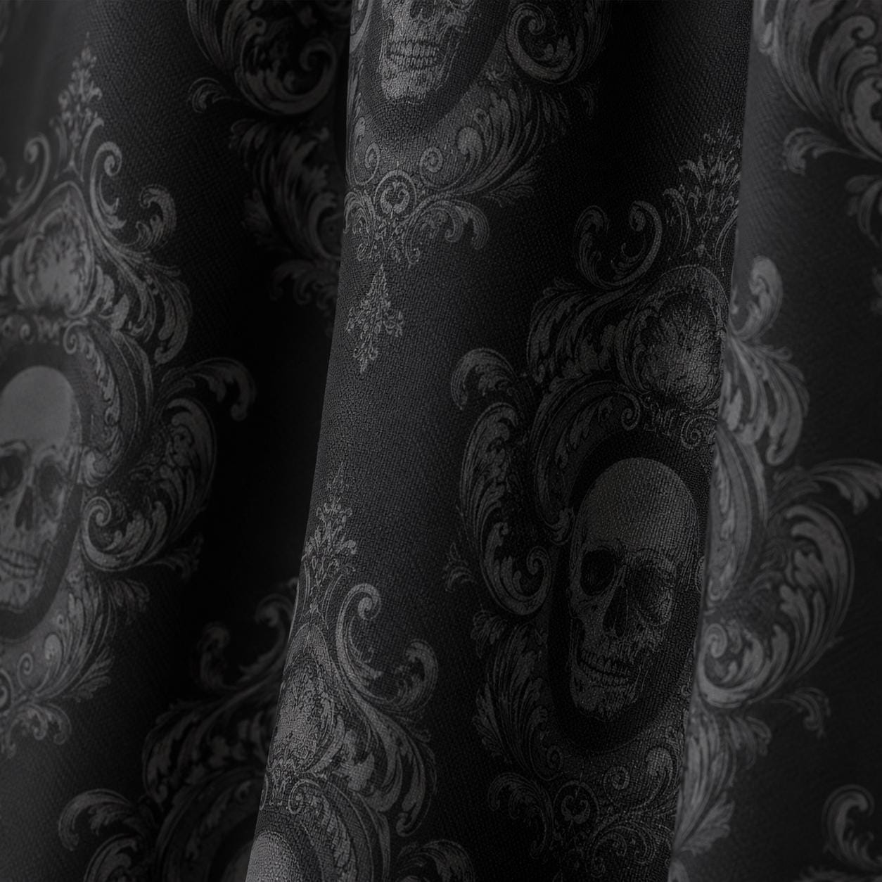 Gothic Skull Shower Curtain, Black Damask Victorian Bath Decor