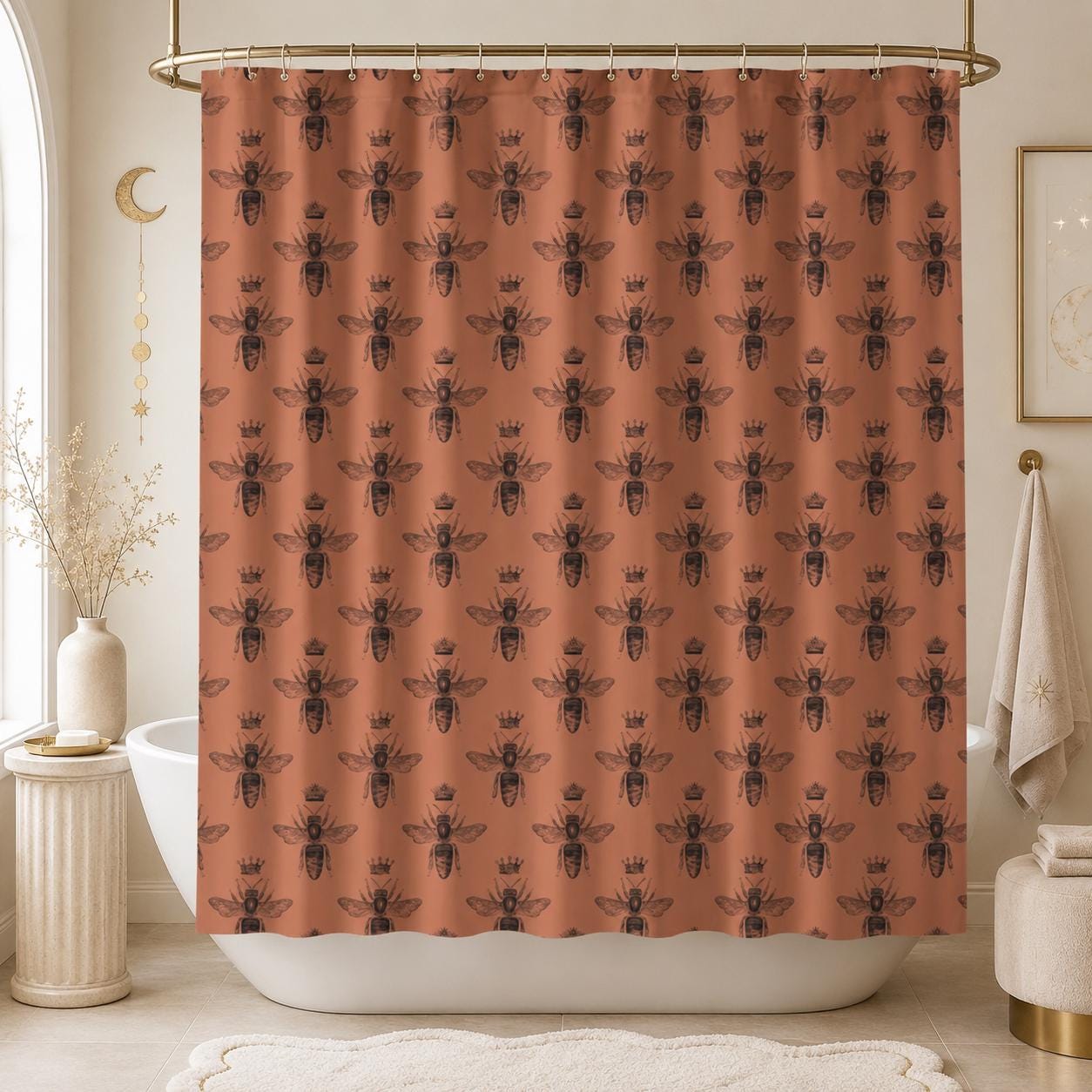 Terracotta Bee Shower Curtain, Vintage Honeybee Bathroom Decor, Cottagecore Insect Bath Curtain