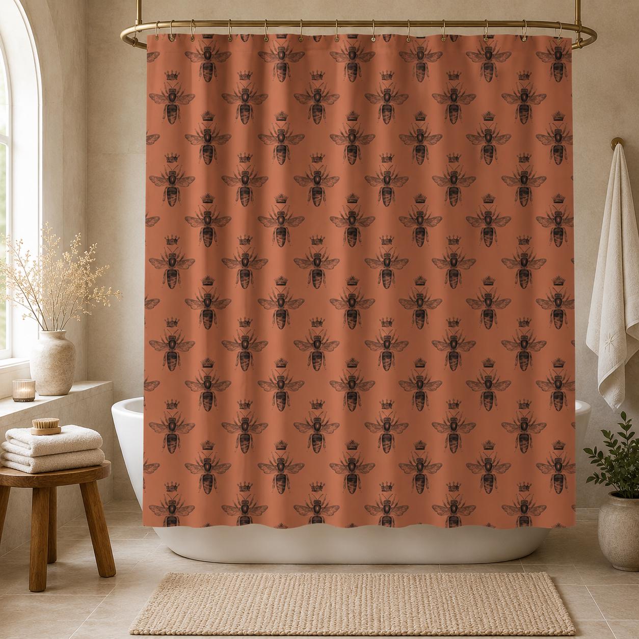Terracotta Bee Shower Curtain, Vintage Honeybee Bathroom Decor, Cottagecore Insect Bath Curtain